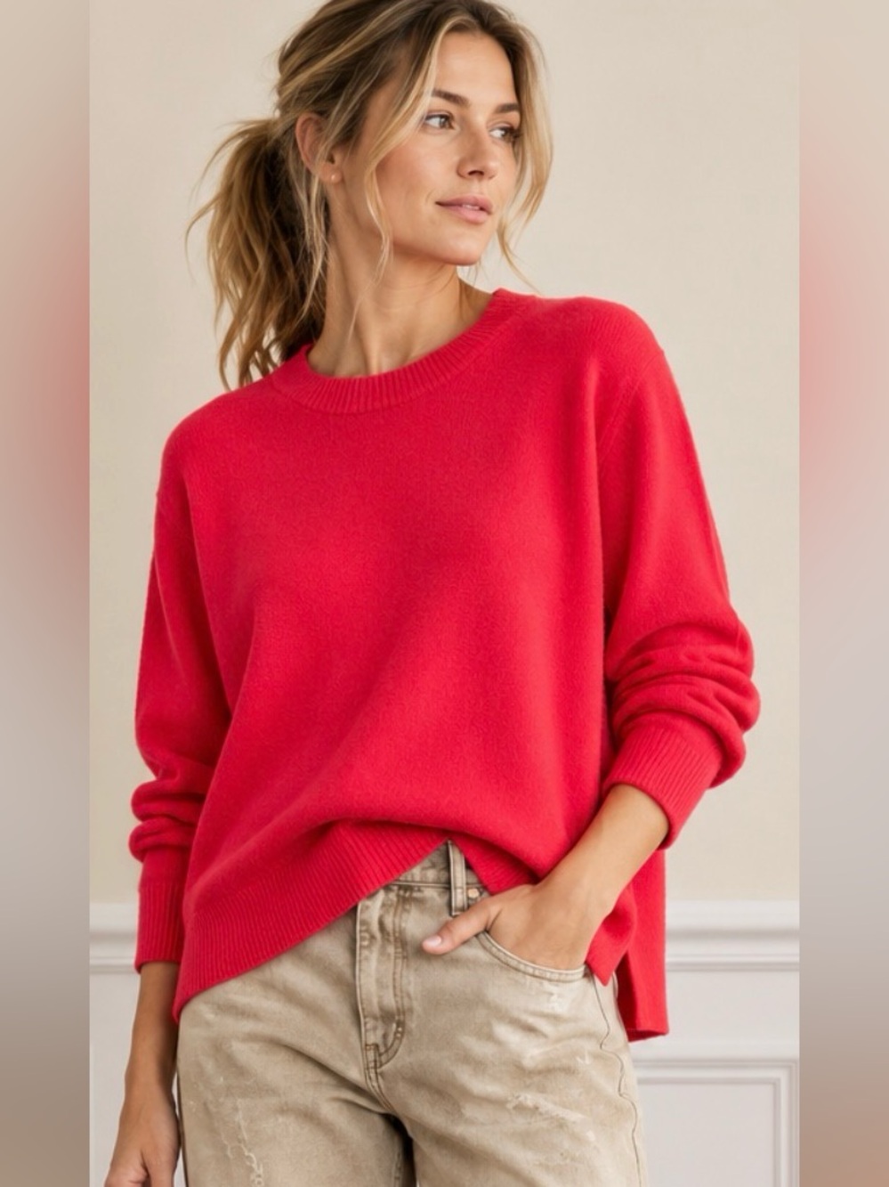 Saks Fifth Avenue 100% Cashmere Pullover Sweater in Classic Red